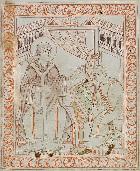 10th century illumination of St. Gregory the Great wearing his pallium.