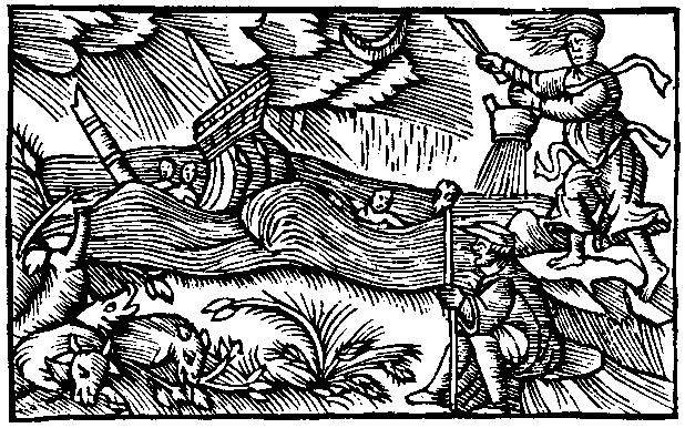 This woodcut depicts a storm being conjured. The figure with the sword or athame is perhaps trying to prevent the storm's arrival.