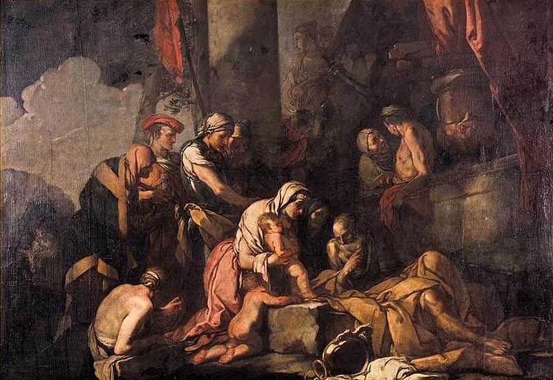 The infant Narcissus is presented to the aged prophet Tiresias. Tiresias the prophet was placed in the sky as the constellation Libra by Hera.
