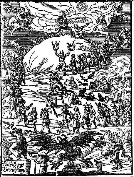 Title illustration of Johannes Praetorius (writer) (de)' Blocksbergs Verrichtung (1668) depicts the witches' festival and worship of the Devil commonly imagined to be celebrated on Walpurgis Night.