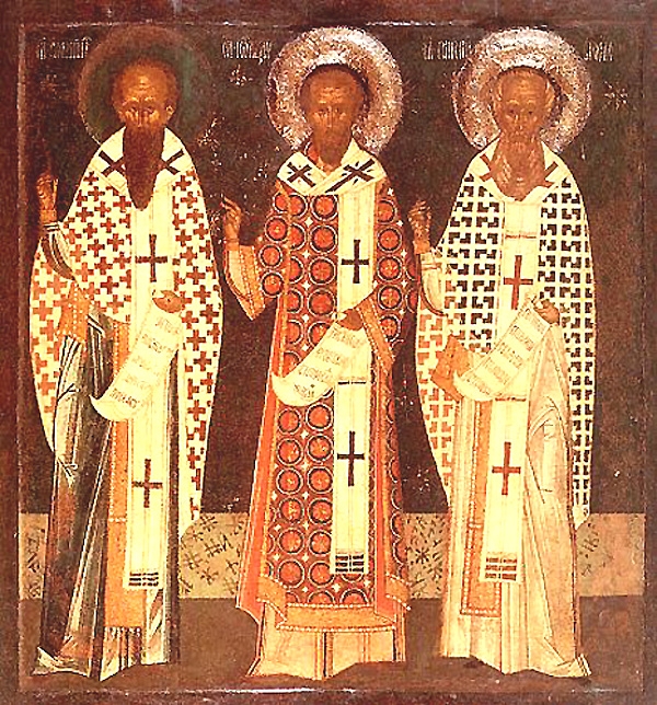 An icon depicting the three hierarchs: Basil the Great, John Chrysostom, and Gregory the Theologian.