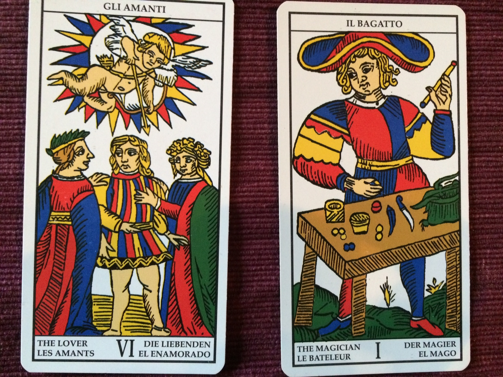 The Lovers and the Magician from the Tarot of Marseille deck, published by Lo Scarabeo.