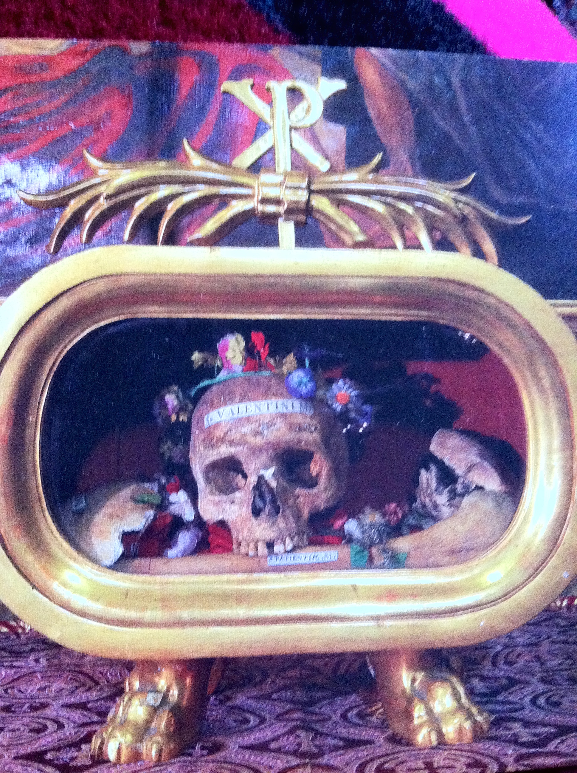 The skull and other relics of St. Valentine, a priest martyred in Rome during the early centuries of Christianity, now kept on a side altar in the Basilica of Santa Maria in Cosmedin in Rome.