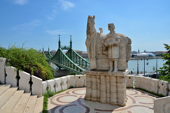 St. Stephen Monument on Gellert Hill with the Liberty Bridge in the background, Budapest.