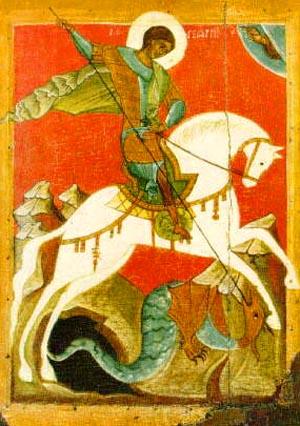 Russian icon of St. George battling the dragon