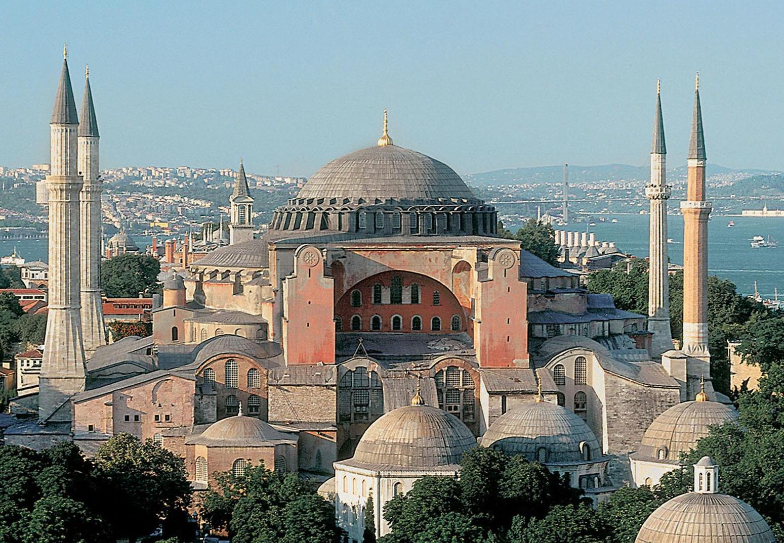 Hagia Sophia, the great cathedral of Holy Wisdom, was built by the emperor Justinian and was the largest dome in the world until the Astrodome was built. The minarets were added by the Turks when they converted the cathedral into a mosque after they captured the city in 1453.