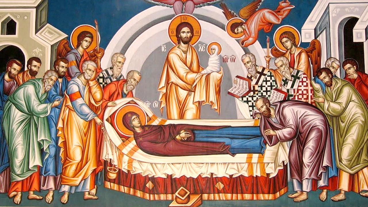 The Dormition of the Mother of God, commonly called the “Assumption” by Western Christians, celebrates the falling-asleep of the Mother of God on August 15 and her translation into glory at the right hand of her Son. This deathbed scene is often depicted in Orthodox icons and medieval Western paintings with Mary dying as the apostles surround her deathbed and Jesus gathers her soul into His arms like a new-born child (similar to the way He is depicted in swaddling bands at Christmas). It has been said in at least a few sermons that, “If Christmas is God’s birthday into humanity, then Dormition is humanity’s birthday into divinity."